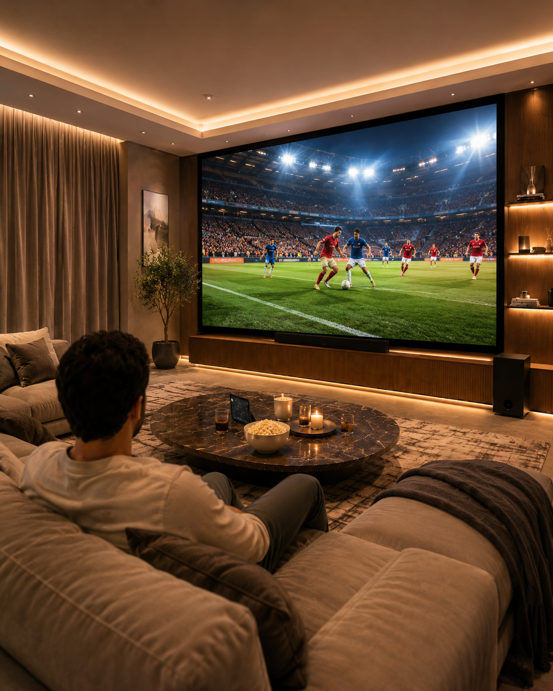 Man enjoying a match in a luxury home cinema
