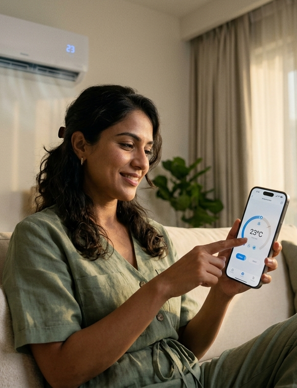 Woman controlling AC from her phone in a luxury UAE living room