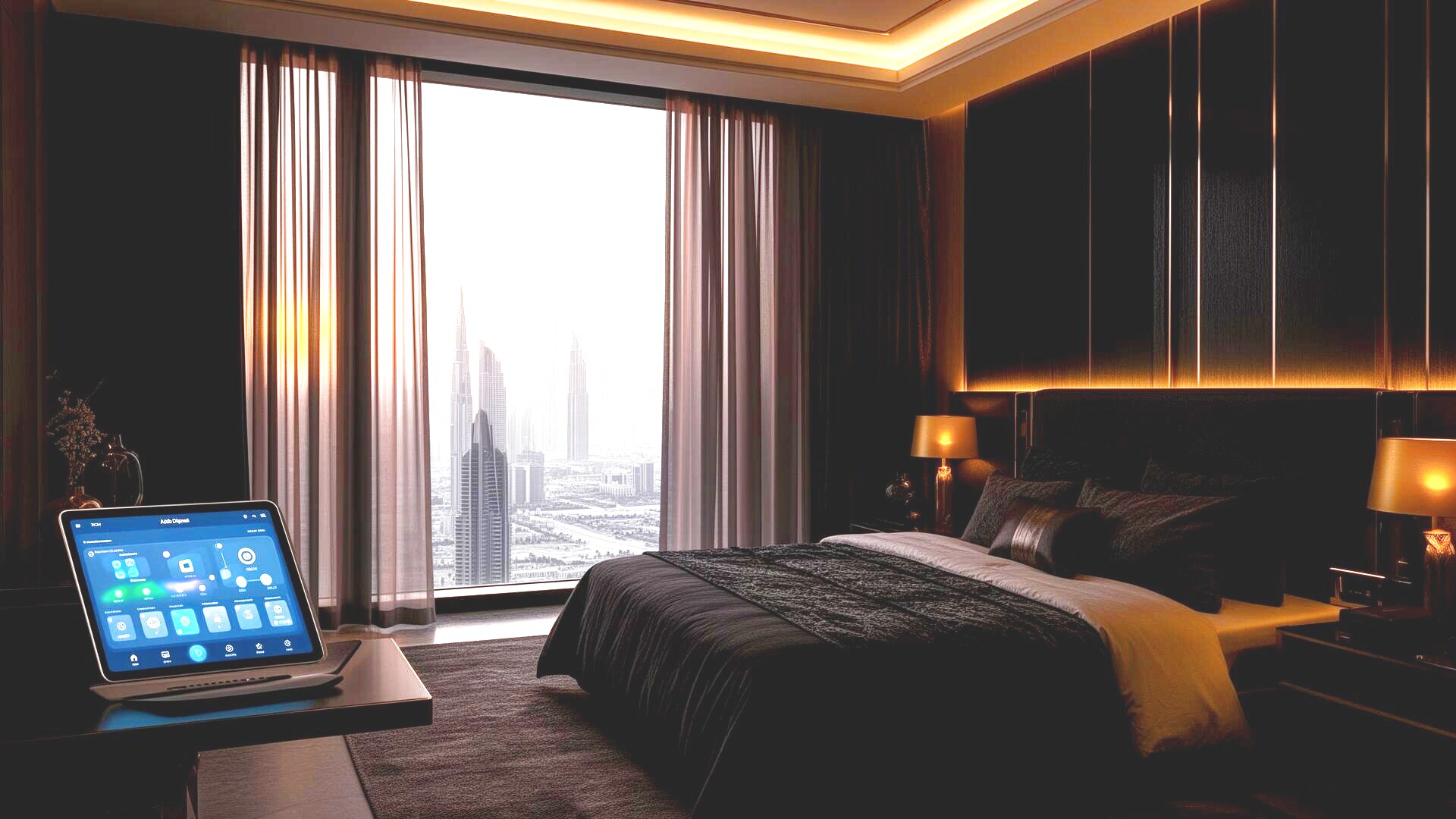 Bedroom with smart panel and motorized curtains